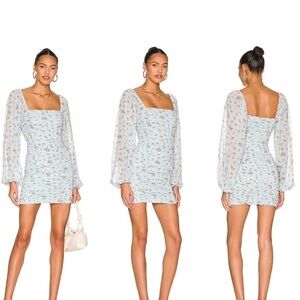More To Come Floral Ruched Mini Dress Blue Long Sleeve Square Neck Size Small